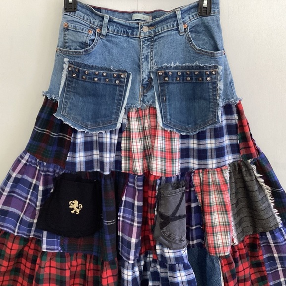 Boho tiered plaid flannel patchwork attached to Levi jean upcycled maxi skirt M - Picture 9 of 14